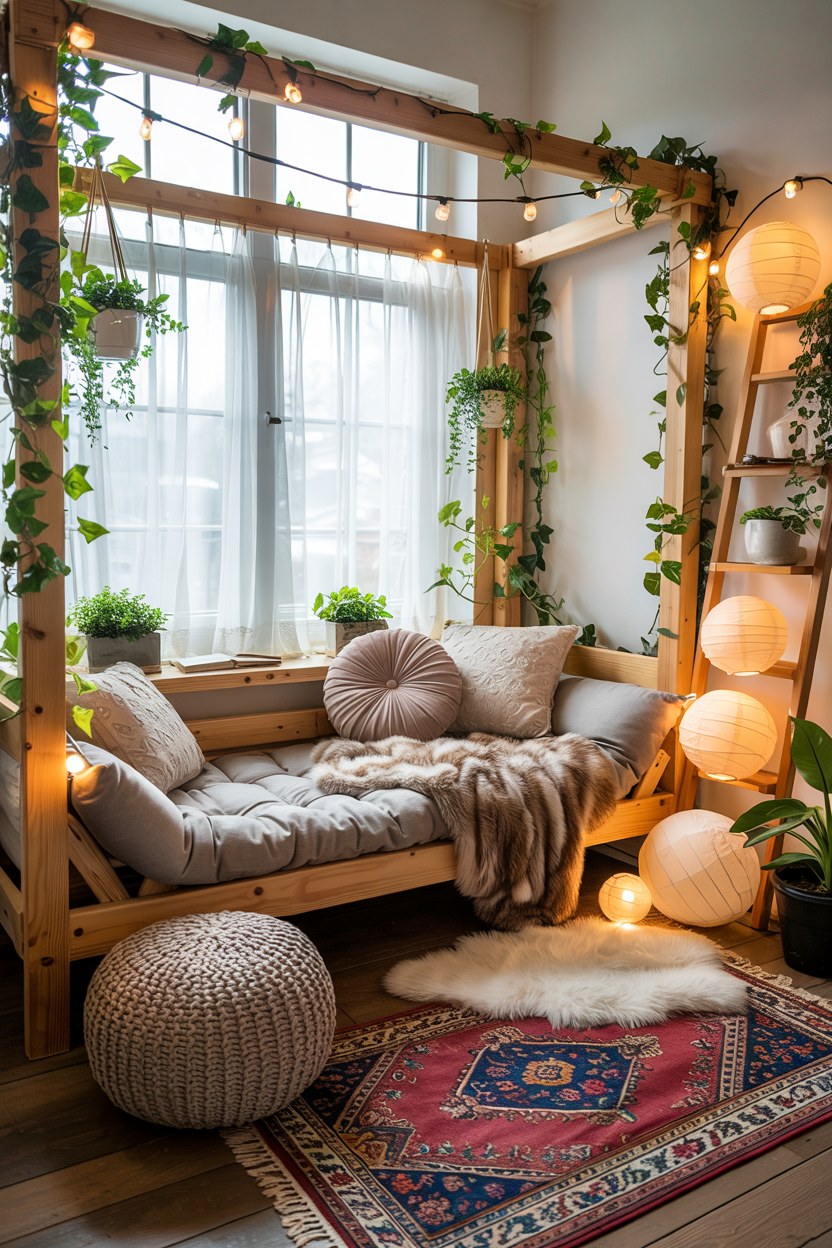 Boho Bedroom Aesthetic with LED Lights and Cozy Candles