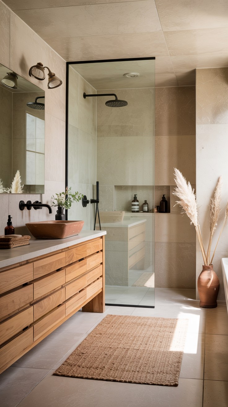 Modern Terracotta Bathroom Design with Reclaimed Wood Vanity Ideas