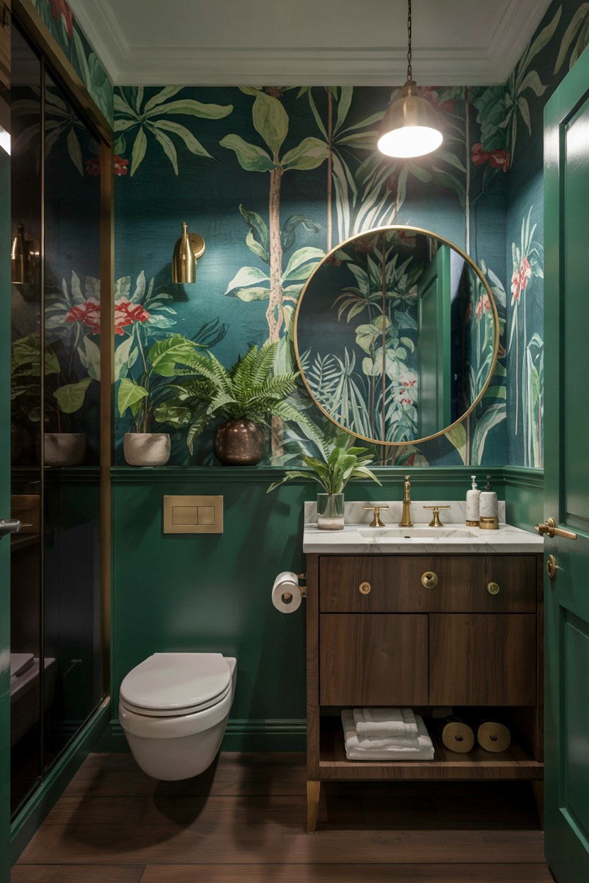 Dark Moody Bathroom Decor Ideas with Botanical Wallpaper Design
