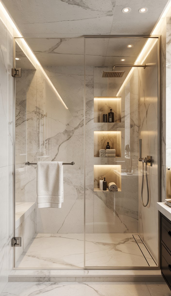 Luxury Marble Shower Design with LED Lighting and Built-in Niches