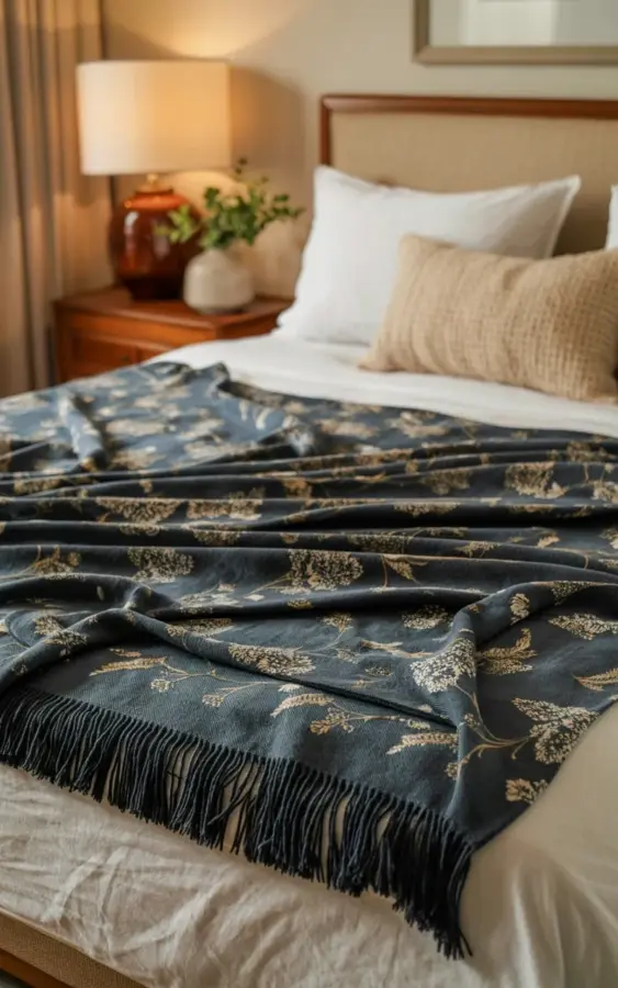 Navy Blue Floral Throw Blanket - Cozy Bedroom Decor on a Budget