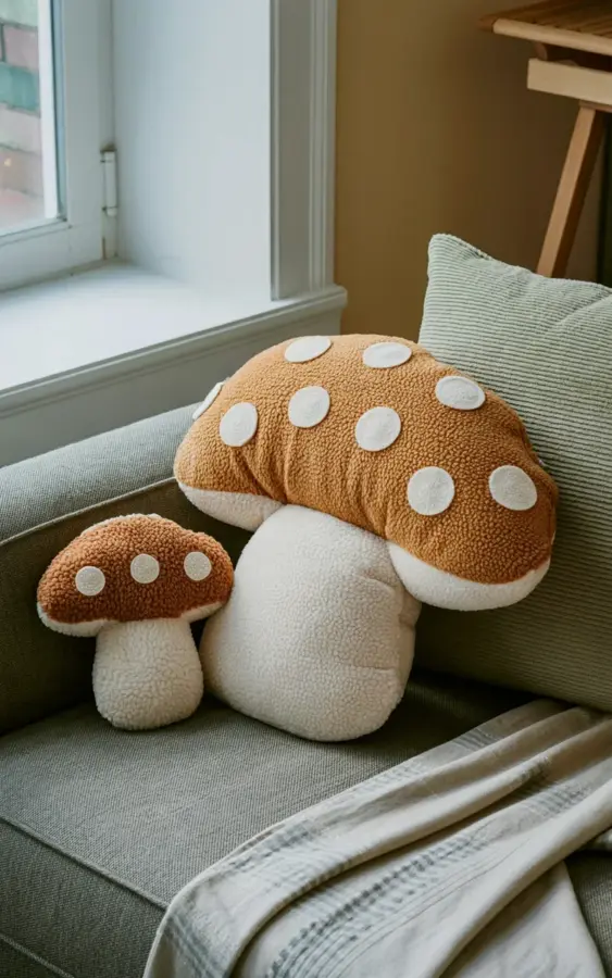 Mushroom Pillow Decor Before and After | Cozy Gray Couch Makeover