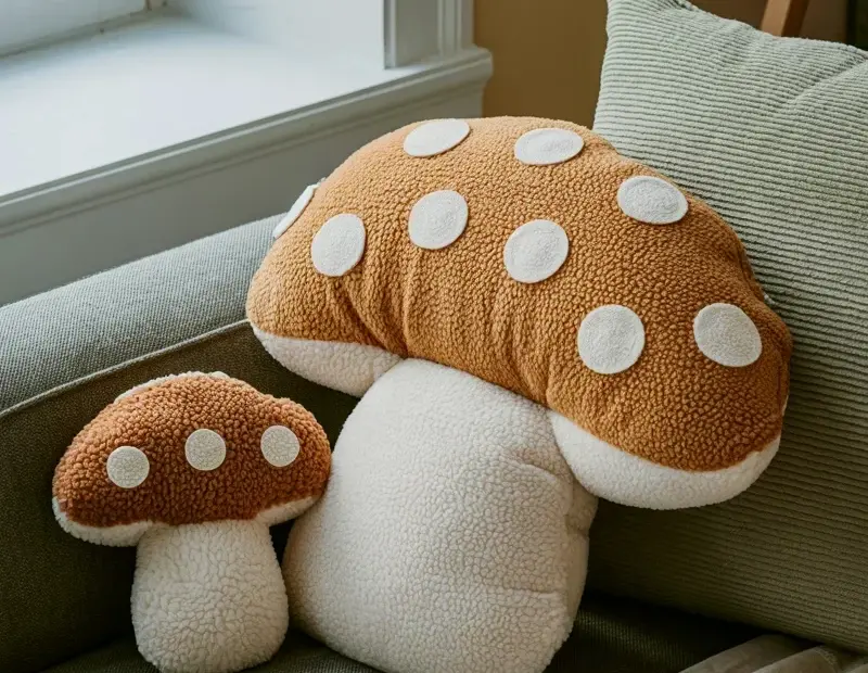 Mushroom Pillow Decor Before and After | Cozy Gray Couch Makeover