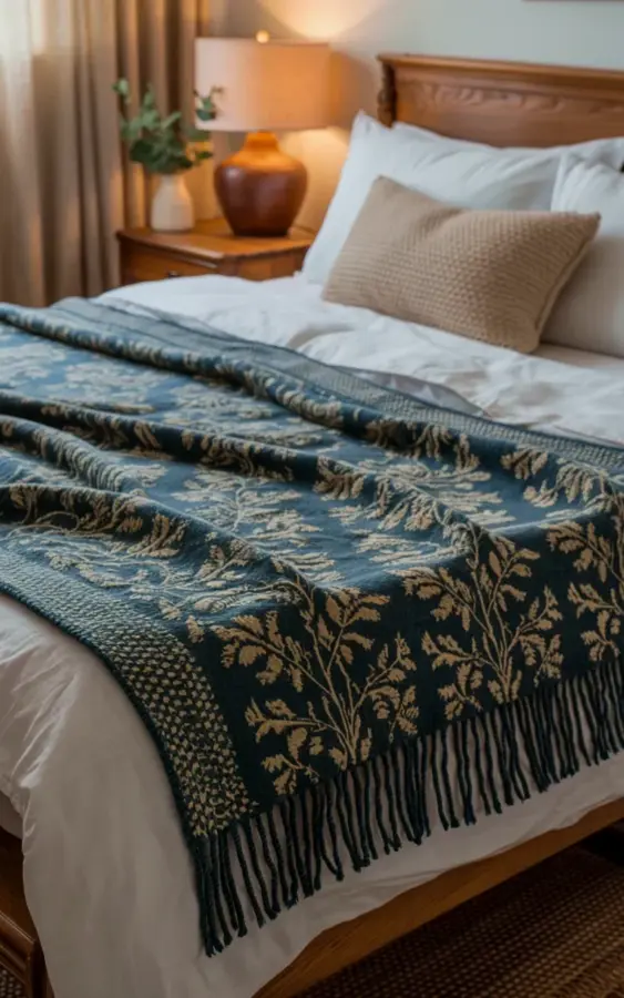 Navy Floral Throw Blanket with Fringe on White Bedding β Cozy Bedroom Inspo
