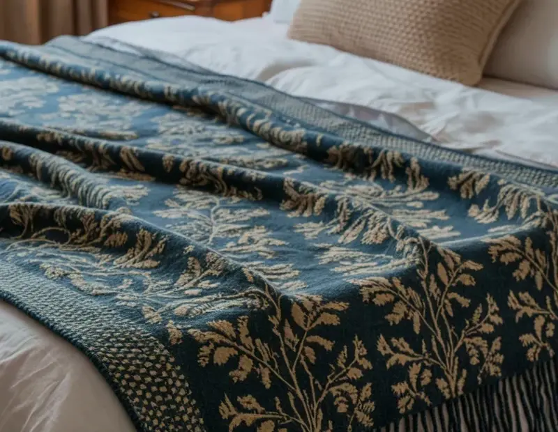 Navy Floral Throw Blanket with Fringe on White Bedding โ Cozy Bedroom Inspo