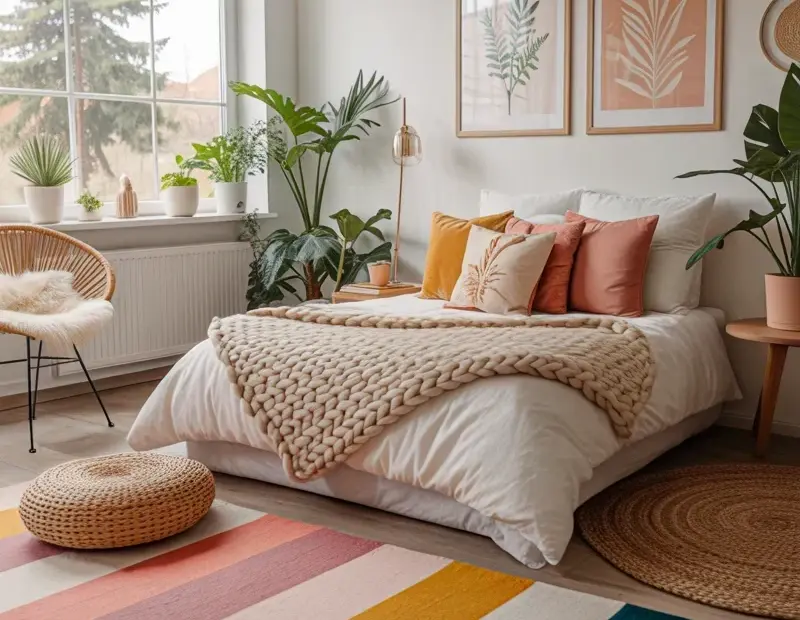 Budget Bedroom Decor with a Chunky Knit Throw Blanket and Plants