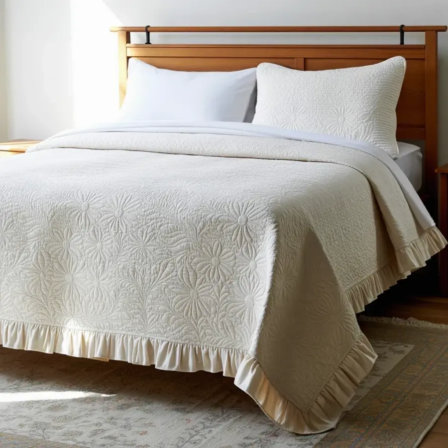 White Quilted Bedspread with Floral Damask Pattern & Ruffled Border