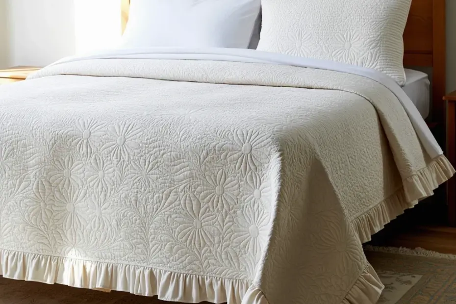 White Quilted Bedspread with Floral Damask Pattern & Ruffled Border